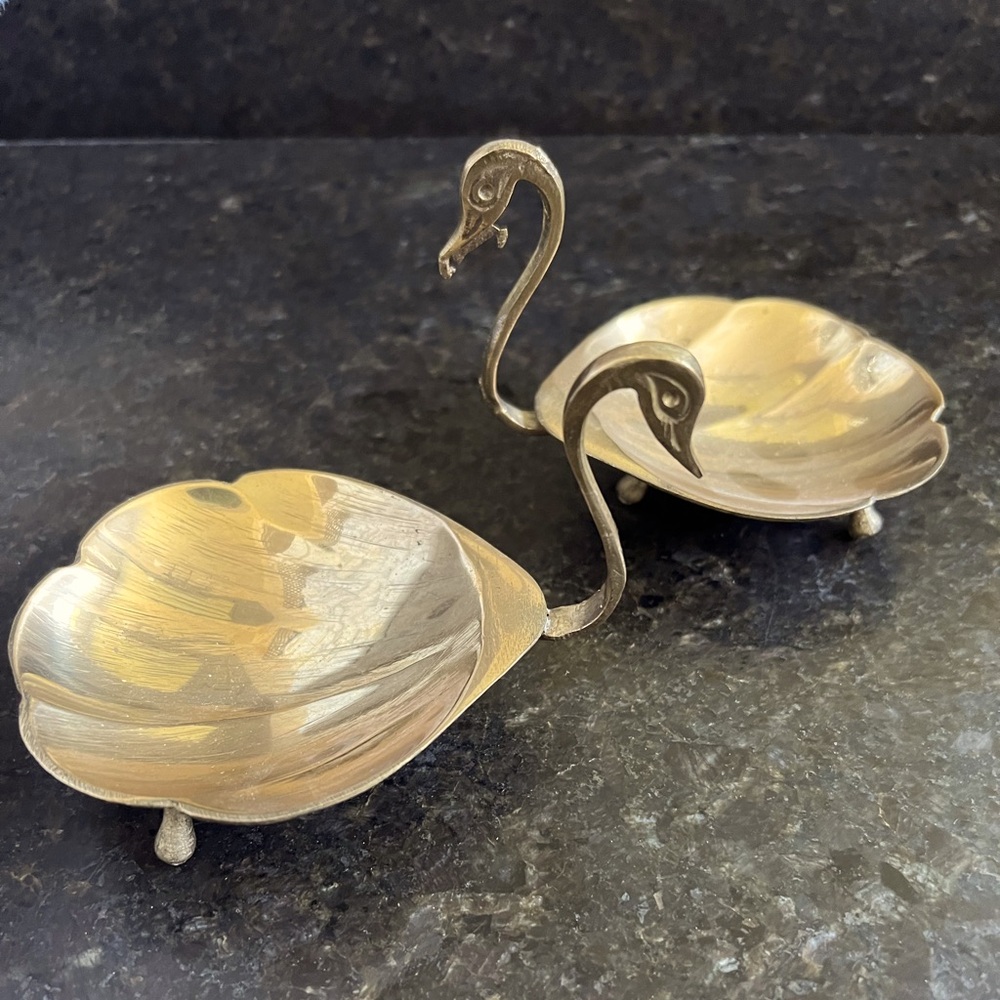 Mid Century Modern Pair Solid Brass Footed Swan Jewelry Trinket Tray Dish Set